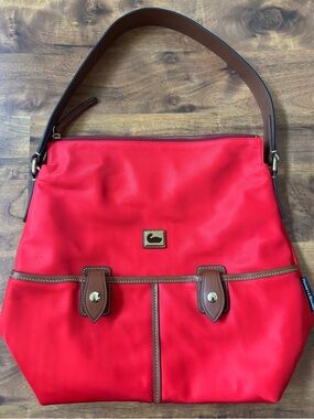 Dooney & Bourke Wayfarer Red Nylon Brown Leather Hobo Shoulder Bag